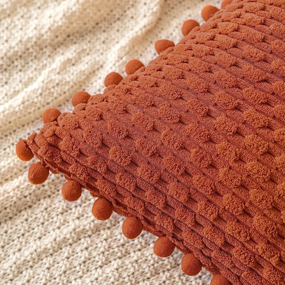 Pompom Orange Stripe Texture Corduroy Farmhouse Cute Luxury Soft PillowCover Set